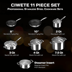 Bộ nồi inox cao cấp Ciwete 7 món có xửng hấp kèm chảo chống dính