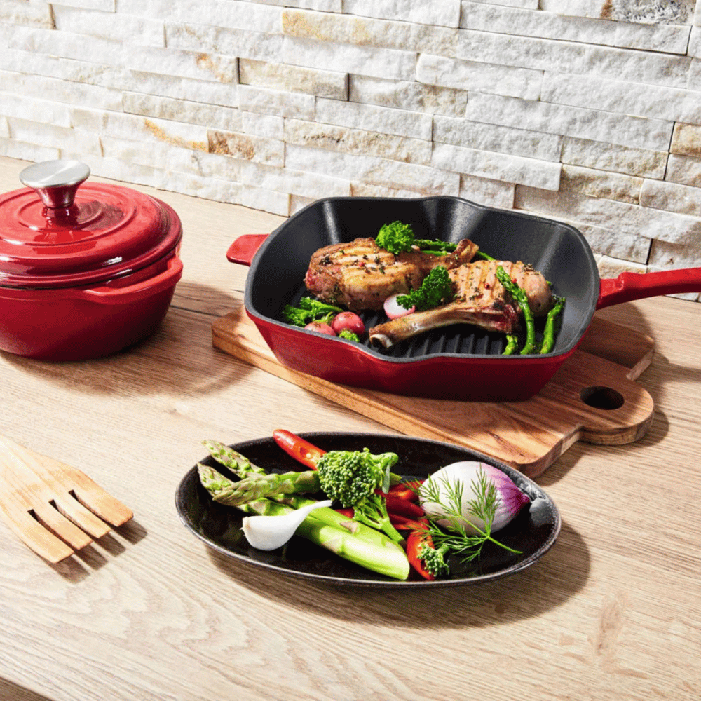 Chảo gang nướng Ernesto 25cm hình vuông màu đỏ