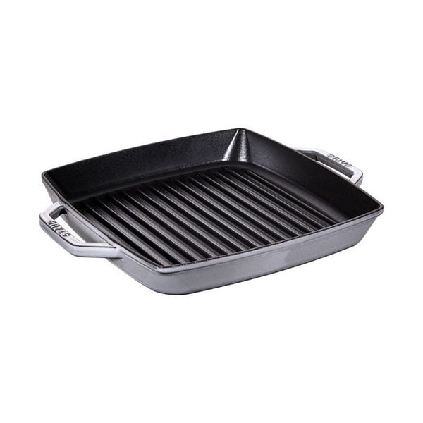 Chảo gang nướng vuông STAUB 28cm màu ghi 2 quai