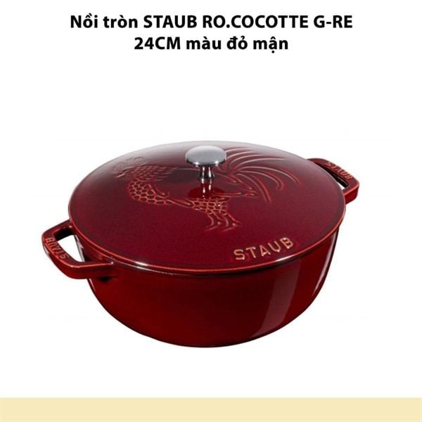 Nồi gang tròn STAUB La Cocotte G-RE 24cm màu đỏ mận vung hình con gà